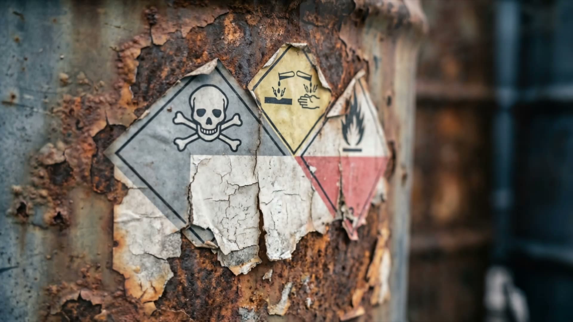 A weathered chemical hazard placard, rusted and peeling, in cold light.
