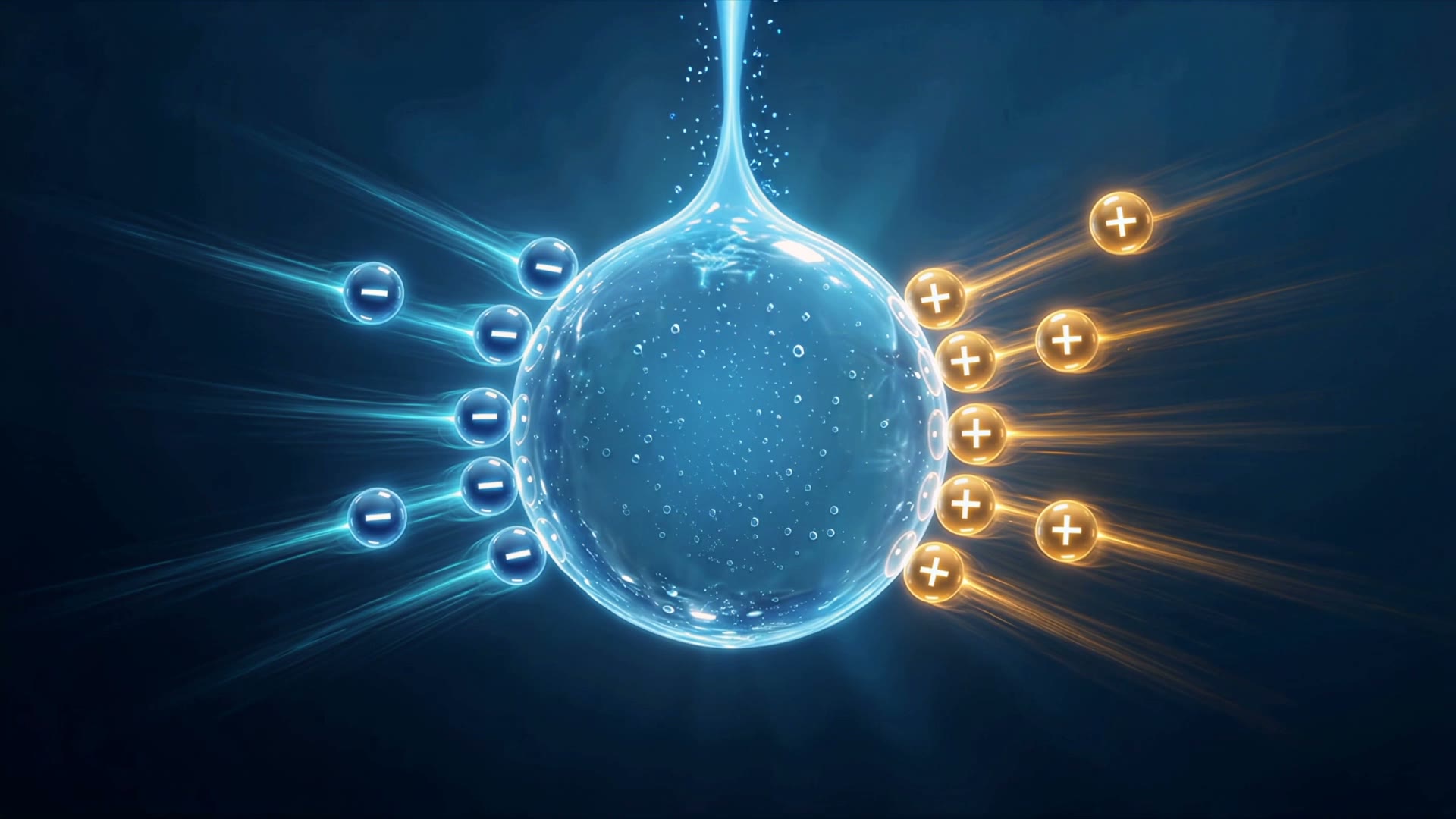 A glowing nanobubble drawing charged particles toward it against deep navy.